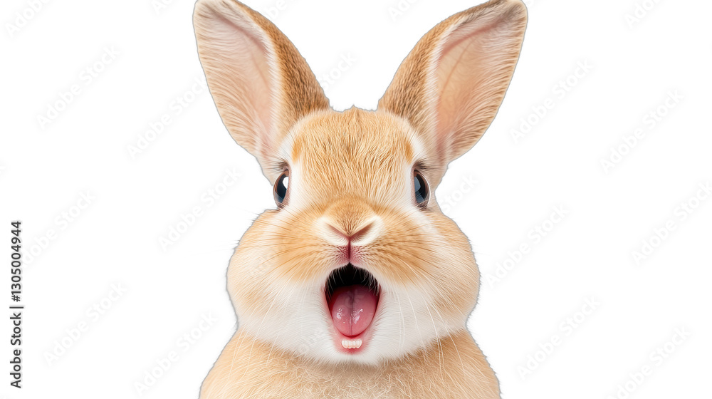 Obraz premium Surprised rabbit with wide eyes, cute furry animal expressing shock, ideal for fun captions or pet-related content. Isolated on white background or PNG