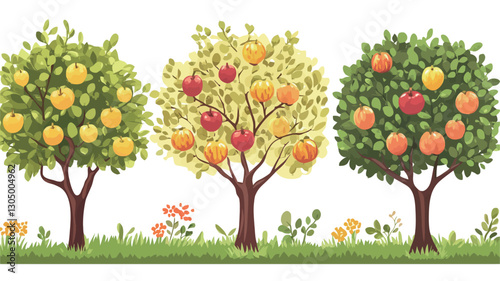 A digital illustration depicting three stylized fruit trees against a white background. The trees are positioned side-by-side, with a lemon tree on the left, an apple tree in the center,