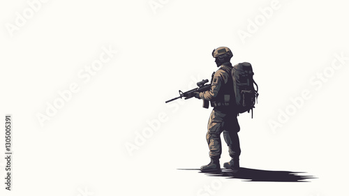 The image is a minimalist illustration depicting a soldier in profile view, standing against a stark white background. The soldier is fully equipped with a rifle and backpack.  The style is