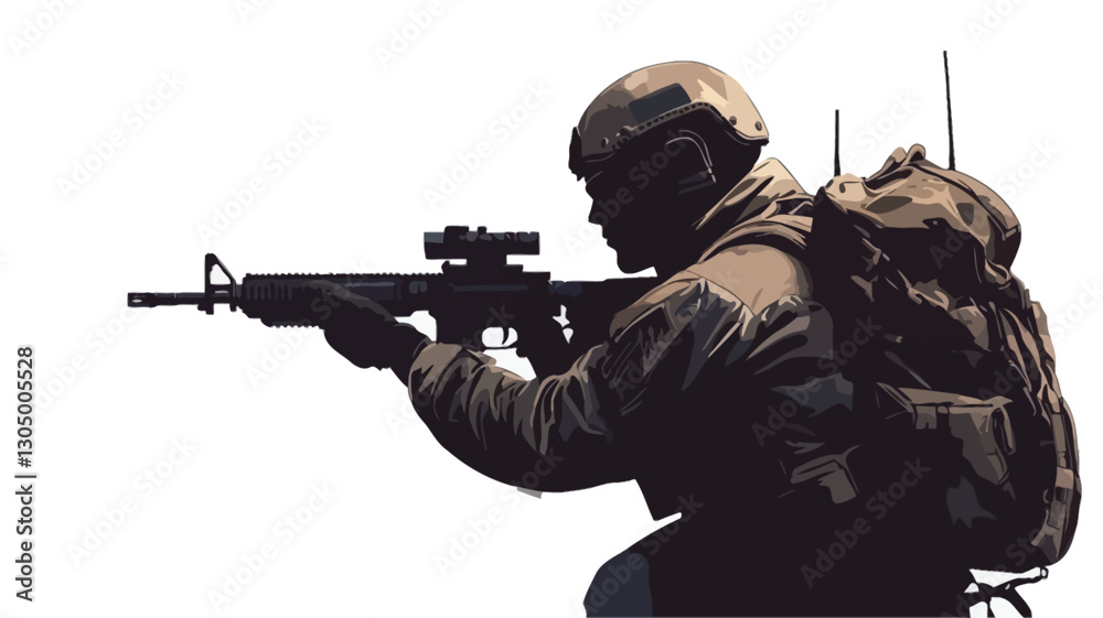 Fototapeta premium The image is a digital illustration or vector graphic depicting a soldier in a crouched aiming position. The soldier is rendered in a stylized, somewhat muted color palette of browns and