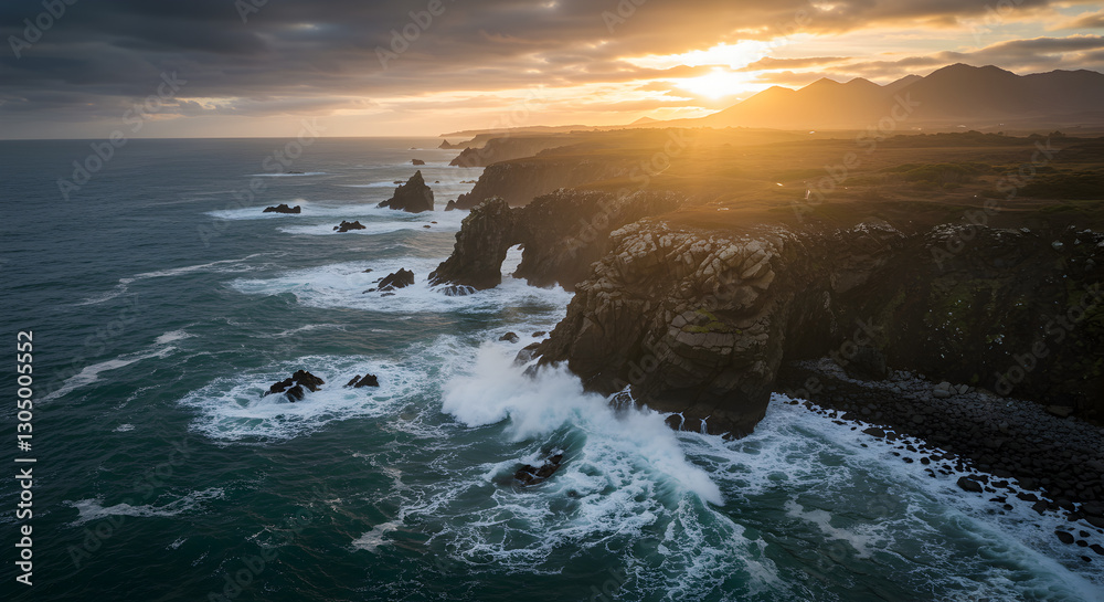 Fototapeta premium Aerial View of a Dramatic Coastline with Crashing Waves at Sunset