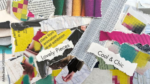 Foto Creative collage featuring torn paper pieces, printed text, and colorful fabric swatches