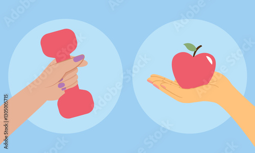 Hands holding dumbbell and red apple promoting healthy lifestyle and wellness