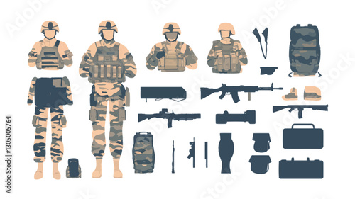 A digital illustration showcasing a full-body view of a soldier in desert camouflage uniform, along with detailed separate components of the uniform and equipment. The illustration includes