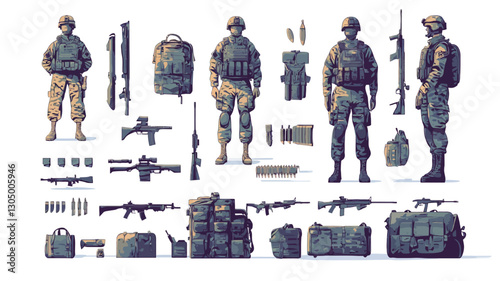The image is a digital illustration showcasing various views of a soldier in camouflage uniform, along with detailed depictions of their weaponry and equipment.  The style is flat and