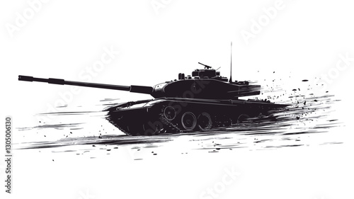 The image is a monochrome illustration of a tank in motion. The tank is depicted in a dark silhouette against a white background, with a motion blur effect suggesting speed.  The style is