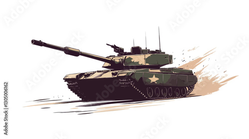 A stylized illustration of a tank in motion against a white background. The tank is depicted in a dynamic pose, suggesting speed and power.  The style is vector-based, with a slightly