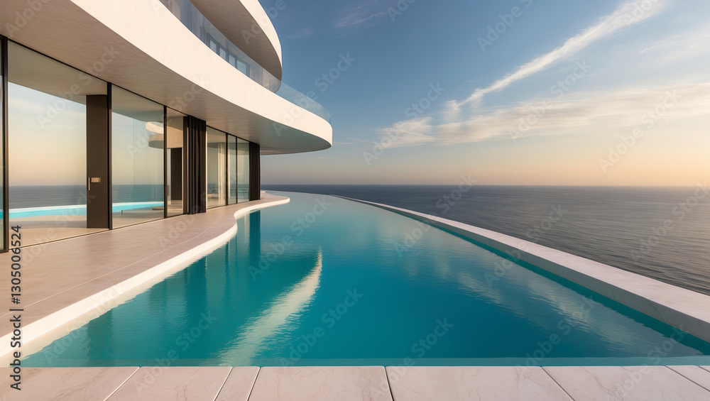 Fototapeta premium An infinity pool stretches out towards the ocean from a luxury villa at sunset.