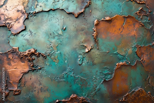 Textured oxidized copper surface with rich patina in shades of teal and rust, creating an abstract organic pattern. Concept of aging, corrosion, and industrial aesthetics.