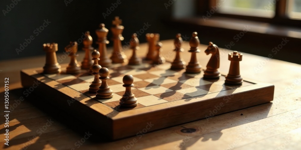 Sunlit Chessboard Game in Progress Strategic Wooden Pieces Positioned on a Warm Wooden Surface Sunlit Chessboard Game in Progress Strategic Wooden Pieces Positioned on a Warm Wooden Surface