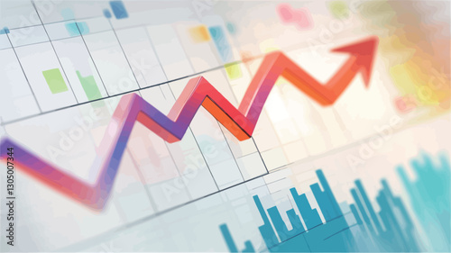 Close-up shot of a stylized 3D upward trending graph rendered in shades of red and purple, superimposed on a blurred background of various charts and graphs with teal and multicolored data