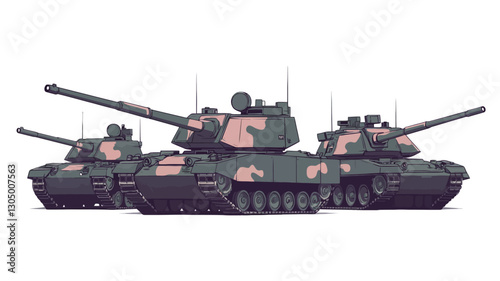 The image shows three military tanks positioned side-by-side. The tanks are depicted in a camouflage pattern, primarily shades of green and pink/light brown.  The style appears to be a