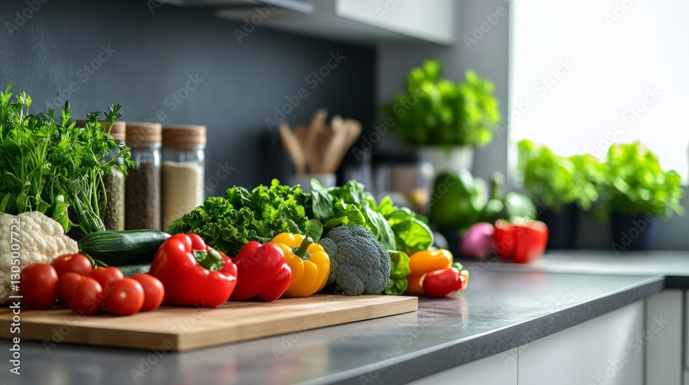 minimalist kitchen counter with vibrant vegetables neatly arranged generative ai minimalist kitchen counter with vibrant vegetables neatly arranged generative ai
