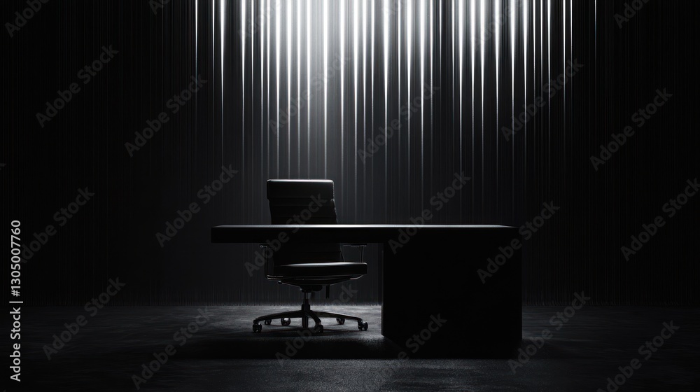 Fototapeta premium Empty Office Desk, Dark Room, Spotlight on Curtains, 3D Render, Professional Setting