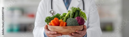 A doctor in a lab coat holds a bowl of fresh vegetables, promoting healthy eating and nutrition for improved wellness.