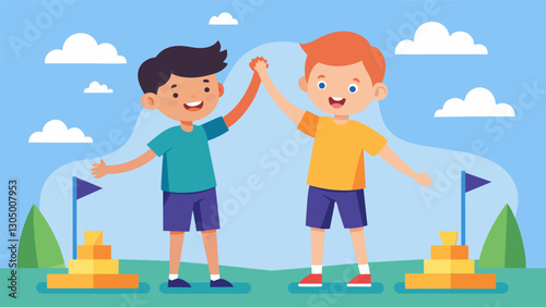 Two boys highfiving after successfully completing a challenging obstacle course together.. Vector illustration
