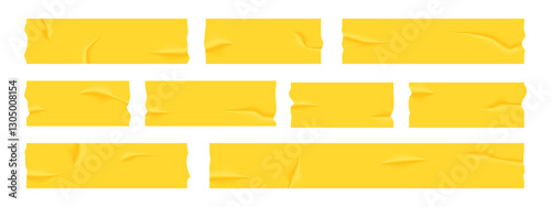 Set of yellow sticky notes, realistic adhesive tape pieces vector illustration