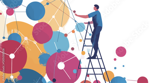 The image is a vector illustration depicting a man standing on a ladder, reaching out to connect colorful overlapping circles of varying sizes.  The circles are primarily red, pink, yellow,