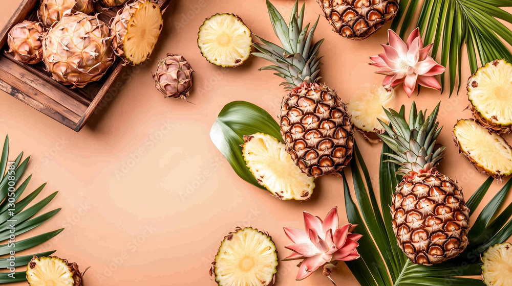 custom made wallpaper toronto digitalRipe Pineapples with Palm Leaves and Tropical Flowers