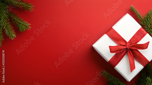 Festive Gift Box on a Red Background with Christmas Trimmings