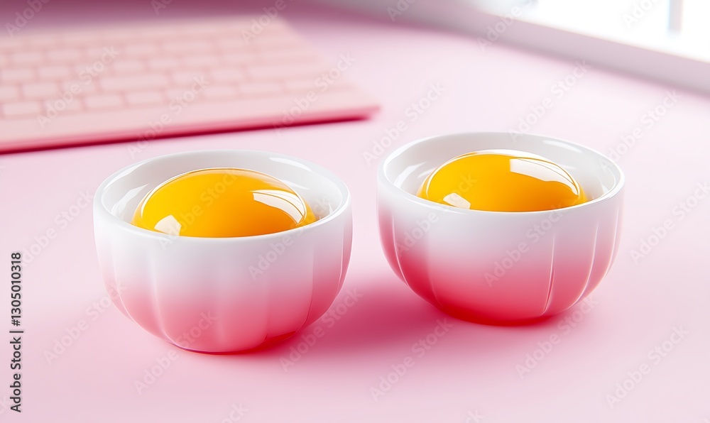 Two custards in bowls on desk; blurred keyboard/window for recipe website, blog, or dessert promotion Two custards in bowls on desk; blurred keyboard/window for recipe website, blog, or dessert promotion