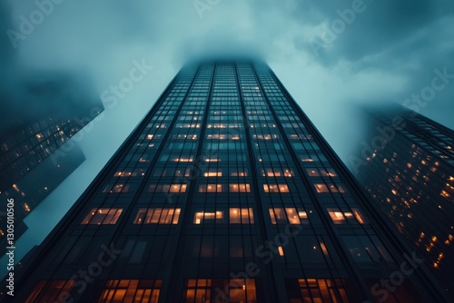 Wallpaper Mural Tall skyscraper shrouded in mist with glowing windows during twilight in an urban setting Torontodigital.ca