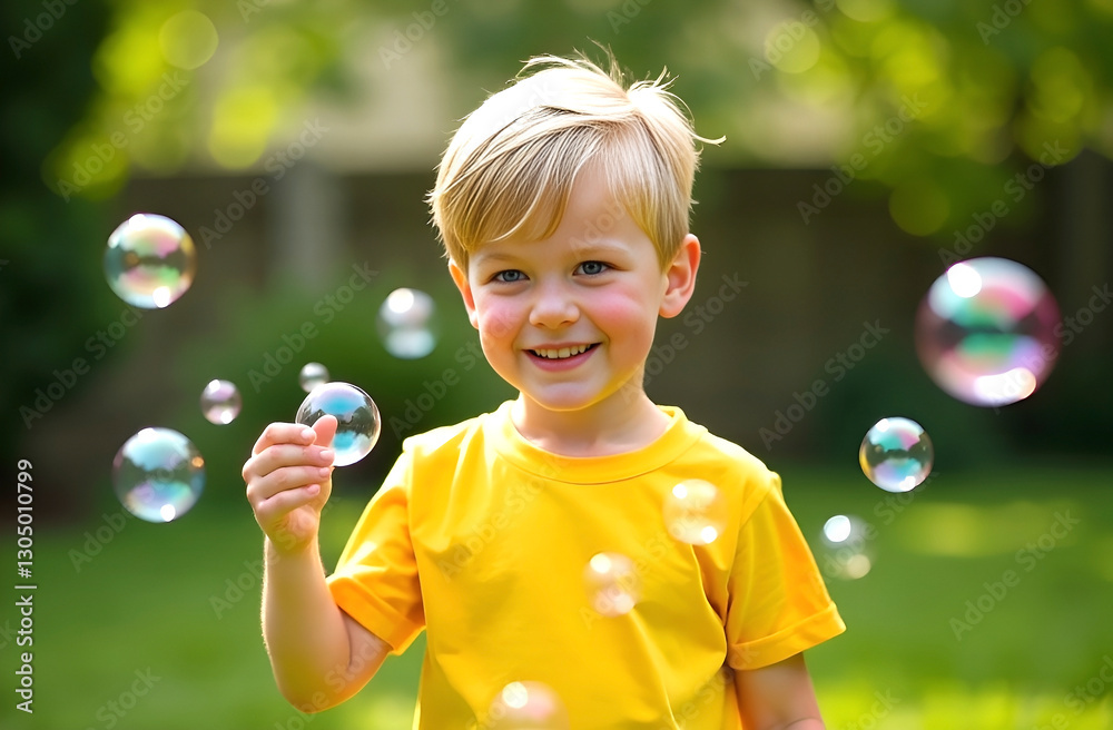Blonde boy having fun playing with soap bubbles in the backyard of the house, fun vacation, blue eyes of a cute child, illustration for an article about raising children or a blog about childhood Blonde boy having fun playing with soap bubbles in the backyard of the house, fun vacation, blue eyes of a cute child, illustration for an article about raising children or a blog about childhood