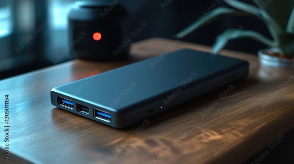 Sleek Portable Charger on a Wooden Surface with Modern Background Sleek Portable Charger on a Wooden Surface with Modern Background