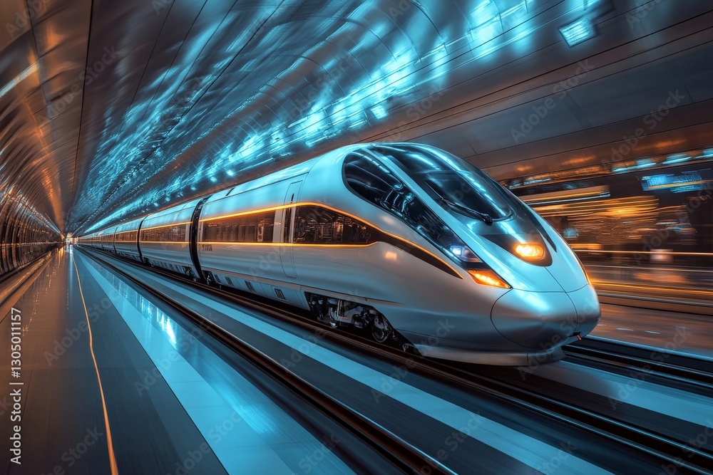 Fototapeta premium High-speed train traveling through a futuristic tunnel at night with vibrant blue lighting