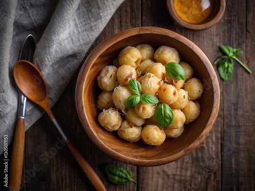 Rustic Vegetarian Dish with Boiled Potatoes and Fresh Herbs in Wooden Bowl - Simple Ingredients for Wholesome Home Cooking
