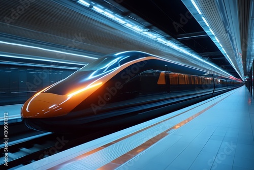 High-speed train arrives at modern underground station during evening hours photo