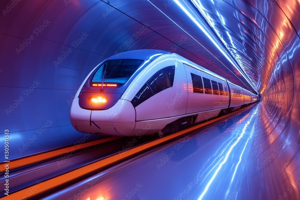 Naklejka premium Modern high-speed train moving through a futuristic tunnel illuminated by vibrant blue and orange lights