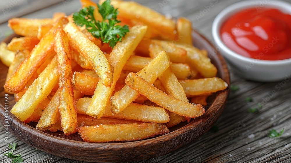 Crispy French Fries with Ketchup on Wooden Plate Crispy French Fries with Ketchup on Wooden Plate