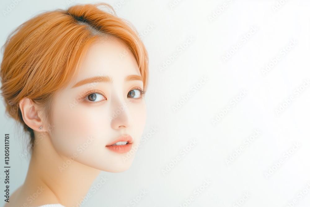 Fototapeta premium Portrait of young Asian woman with a warm smile, and natural makeup, against a plane background. The minimal composition creates a fresh, modern, and professional aesthetic, perfect for business.