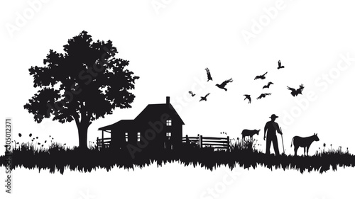 The image is a monochrome vector illustration depicting a rural landscape in silhouette.  The scene includes a farmhouse, a large tree, tall grass, a person walking two dogs, and several