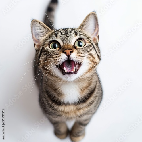 happy playful cat coming from left side, looking at camera in close-up shot