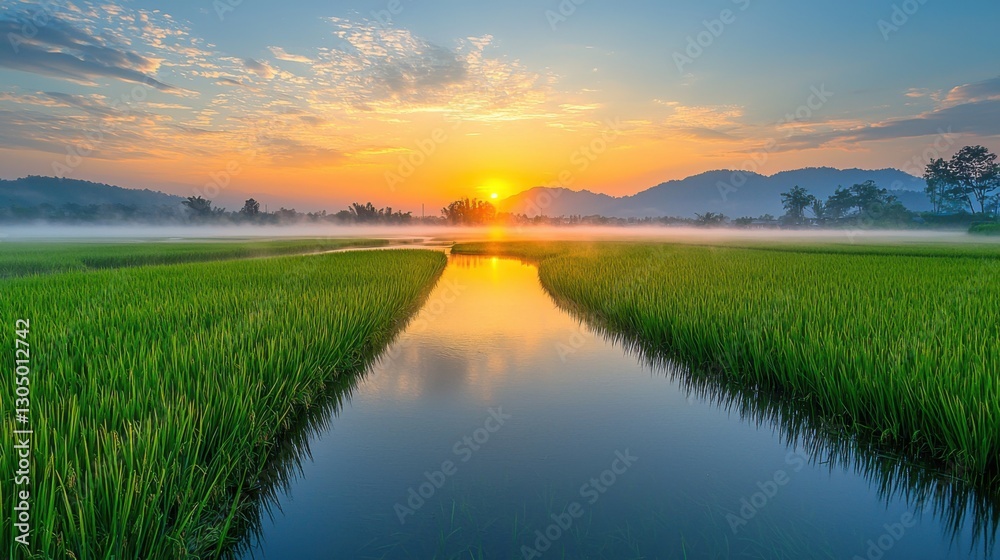Fototapeta premium Serene Sunrise Over Lush Green Rice Field With Calm River Reflection