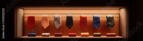 A luxury boutique display featuring a glass case showcasing premium striped neckties rolled and arranged in a gradient color scheme photo