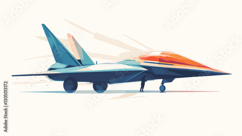 A digital illustration of a modern fighter jet depicted in a three-quarter view. The jet is predominantly blue and white with orange accents on the nose. The illustration style is clean and