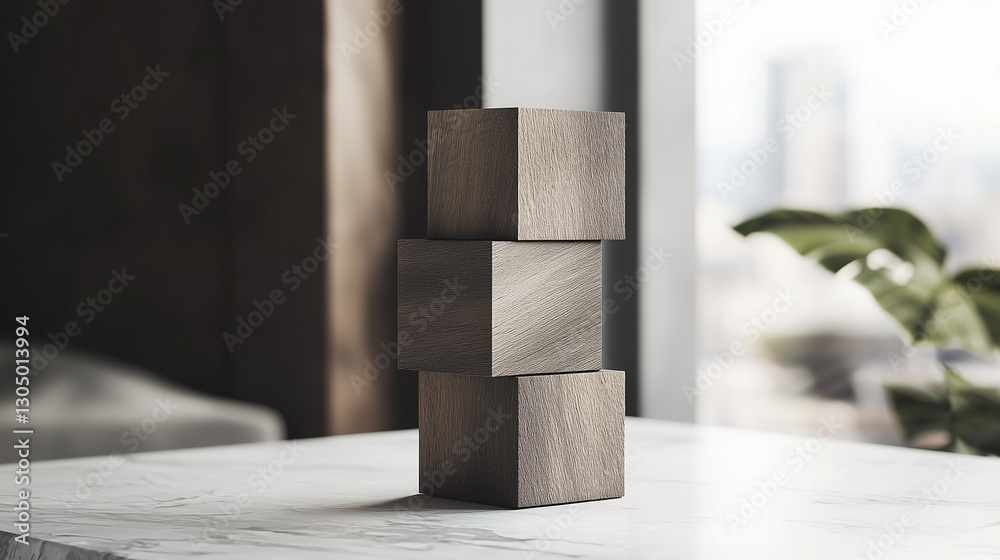 Three wooden cubes stacked on a marble table in a modern interior with soft natural light and a blurred urban background Three wooden cubes stacked on a marble table in a modern interior with soft natural light and a blurred urban background