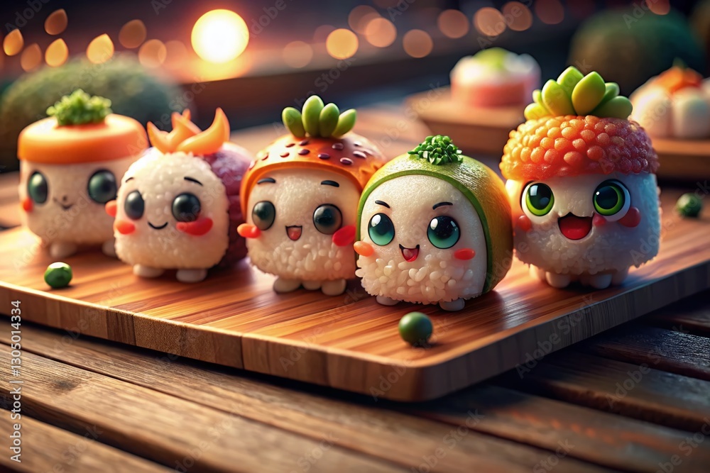 Fototapeta premium Adorable Sushi Characters on Wooden Board - Low Light Food Photography
