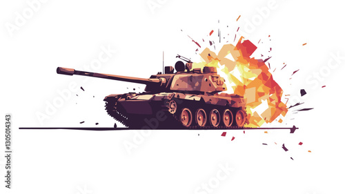 A stylized illustration depicting a tank engulfed in flames and an explosion. The tank is rendered in dark hues, while the fire is bright orange and yellow with scattered particles