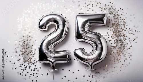 Silver balloon number 25 for twenty-fifth birthday or anniversary party. White background with confetti photo