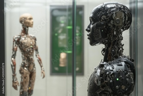 Human-like robots displayed in a modern exhibition space showcasing advancements in artificial intelligence technology photo