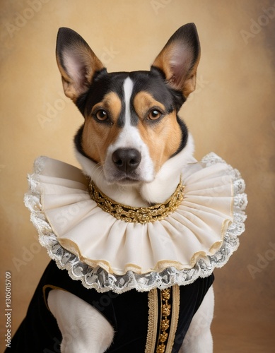 A dog dons a ruffled white and gold collar, black vest, and gold trim, standing against a beige background.