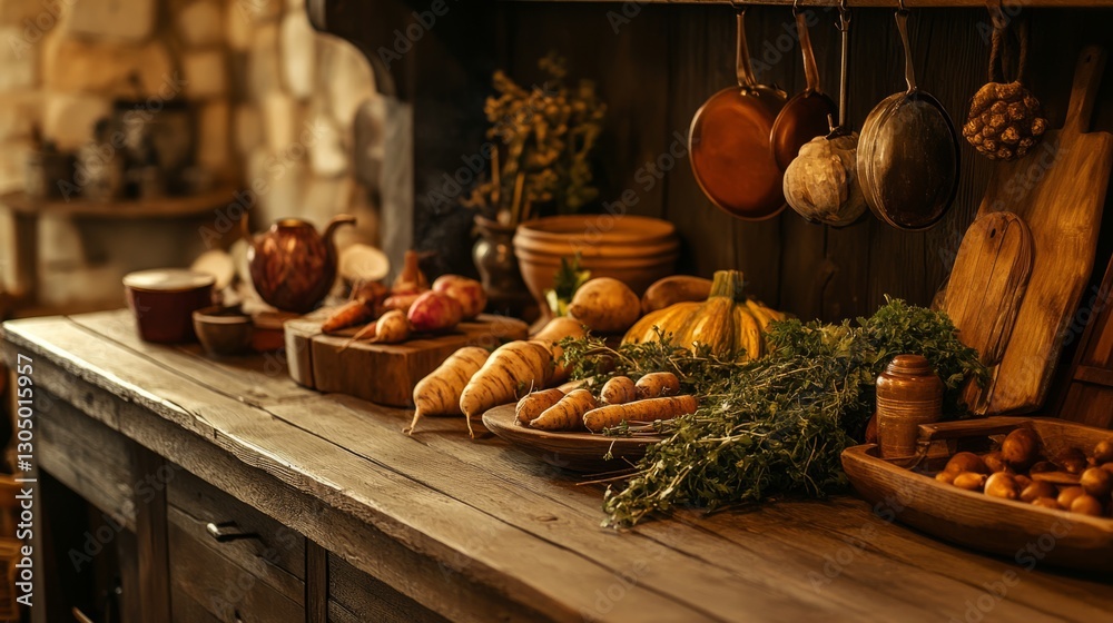 Rustic wooden kitchen countertop with a variety of root vegetables, earth tones, generative ai