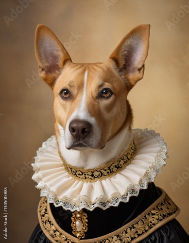 A dog dressed in a Renaissance-style costume, complete with a ruffled collar, lace trim, and a gold brooch, gazes directly at the camera.