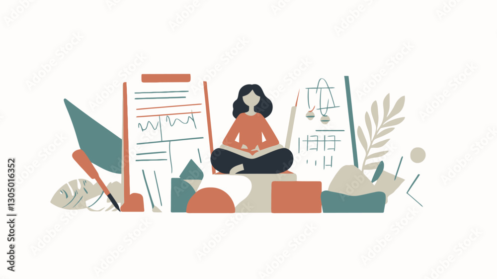 A vector illustration depicting a woman in a seated meditation pose, surrounded by various documents, charts, and stylized plants. The overall style is flat design with pastel color A vector illustration depicting a woman in a seated meditation pose, surrounded by various documents, charts, and stylized plants. The overall style is flat design with pastel color