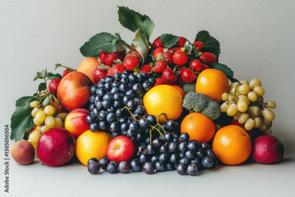 Vibrant display of fresh fruits including strawberries grapes oranges apples and peaches on neutral backdrop capturing a healthy and colorful lifestyle Vibrant display of fresh fruits including strawberries grapes oranges apples and peaches on neutral backdrop capturing a healthy and colorful lifestyle