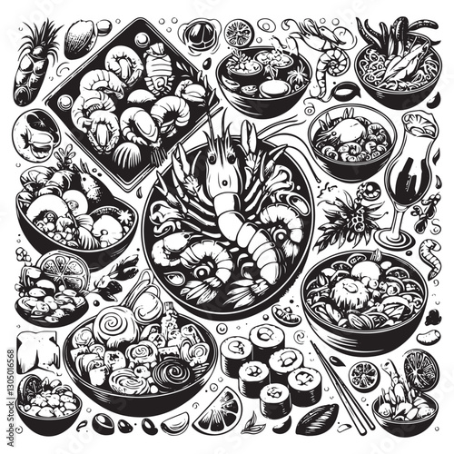 Festive seafood dishes food cooked modern delicacies with a presentation on the plate vector illustration. Delicious dishes: salads and soups of shrimp, crab, mussels, baked fish, rolls, sushi, octopu